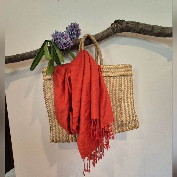 Elegant Tan Woven Bag with Red Scarf - Picture 1 of 5